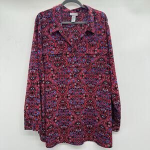 Catherines Batik Printed Popover Top Sz 4X Red Black Office Casual Modest